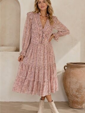 Adele Blush Pink Paisley Gold Fleck Ruffle Tiered Midi Dress Size Medium